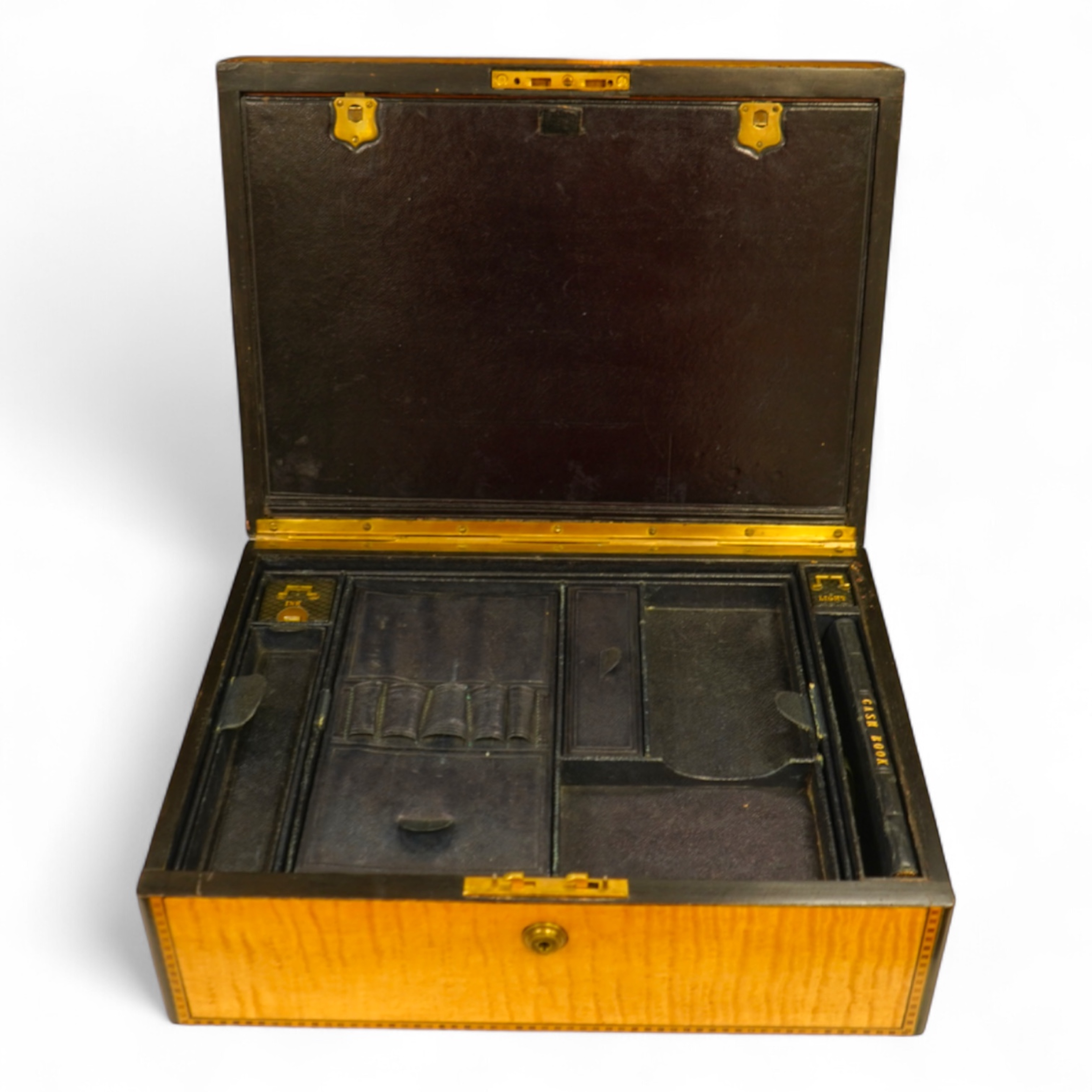 A Victorian sycamore stationery box with fitted interior and inlaid banding, with key, 37cm wide